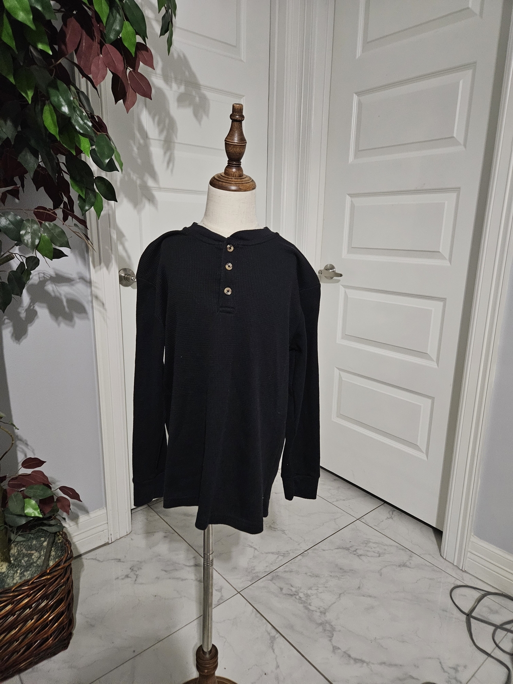 Seven Apparel Kids Black Long-Sleeve Henley Shirt with Button Placket